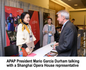 APAP President Mario Garcia Durham talking with a Shanghai Opera House representative APAP 2020 Photo Adam Kissick