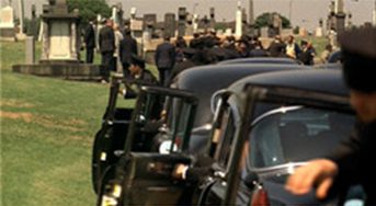 Limos with their doors open in cemetery