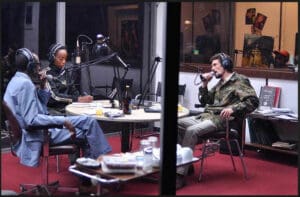 The RTLM Radio Station set in the play Hate Radio reenacting a typical broadcast