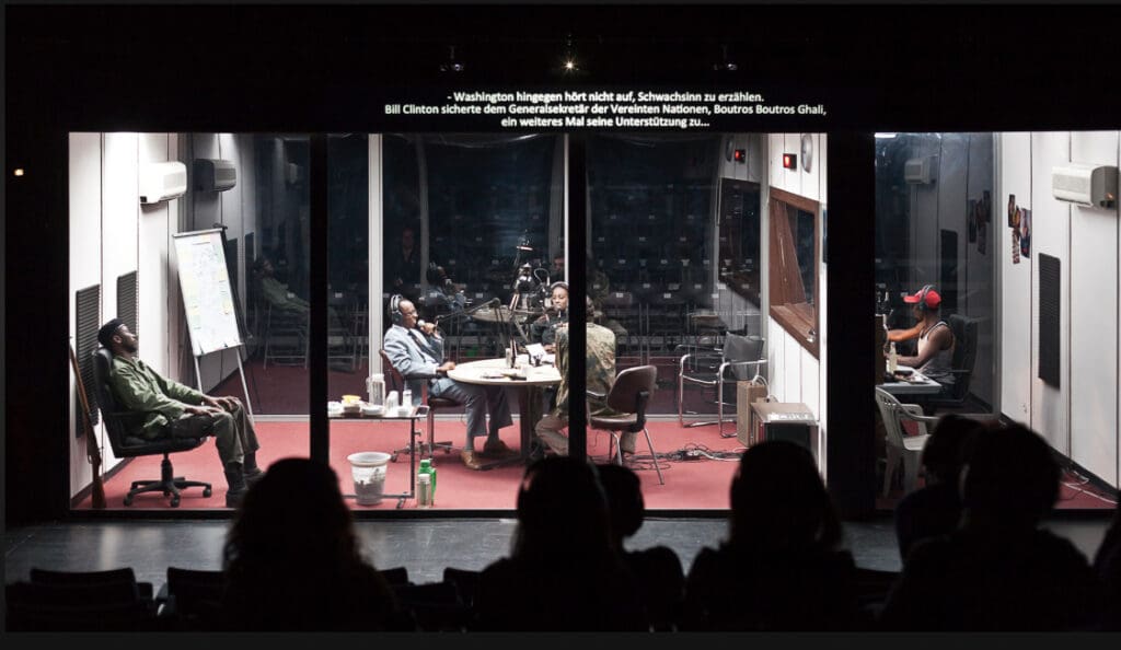 The RTLM Radio Station set in the play Hate Radio reenacting a typical broadcast