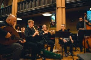 Five-member chamber ensemble consisting of Sami Abu Shumays (violin), Gideon Forbes (ney) Zafer Tawil (oud), Bashar Farran (bass), and Nezih Antakdi (Percussion).